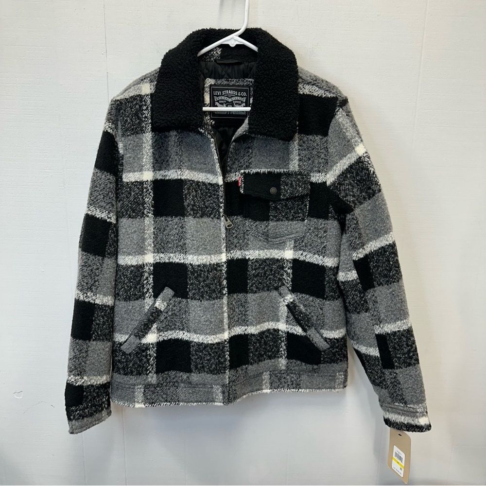 Levi's Medium Sherpa Jacket Plaid Coat Black and Gray Checkered